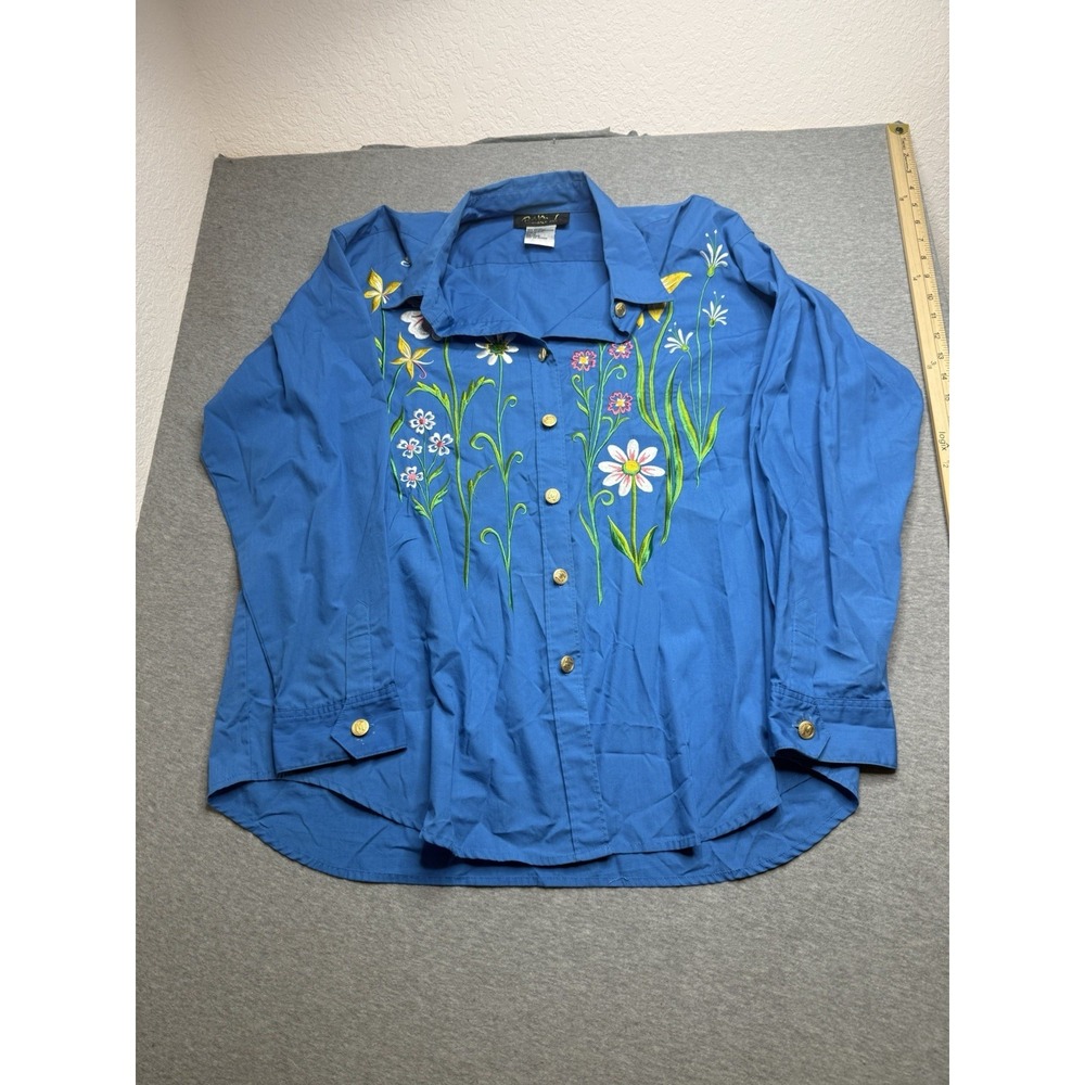 Vintage Bob Mackie Artsy Embroidered Floral Button Down Women's 1X Flowers
